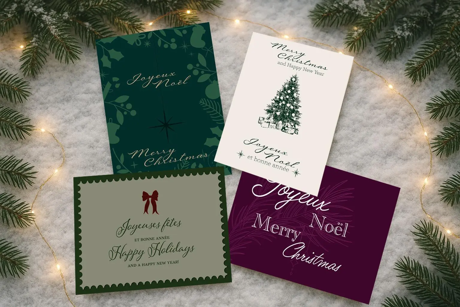 Four printed holiday cards laid on a snowy cloth among fir branches.