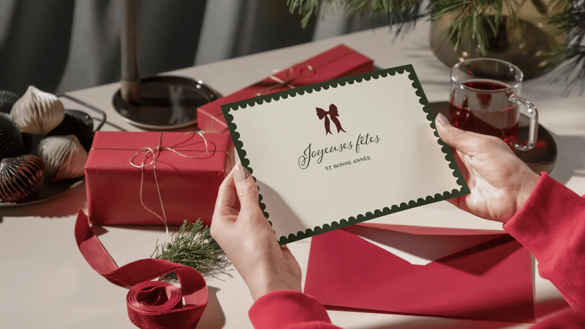 Two hands hold a “Joyeuses fêtes” card with a burgundy bow, in front of gifts wrapped in red.