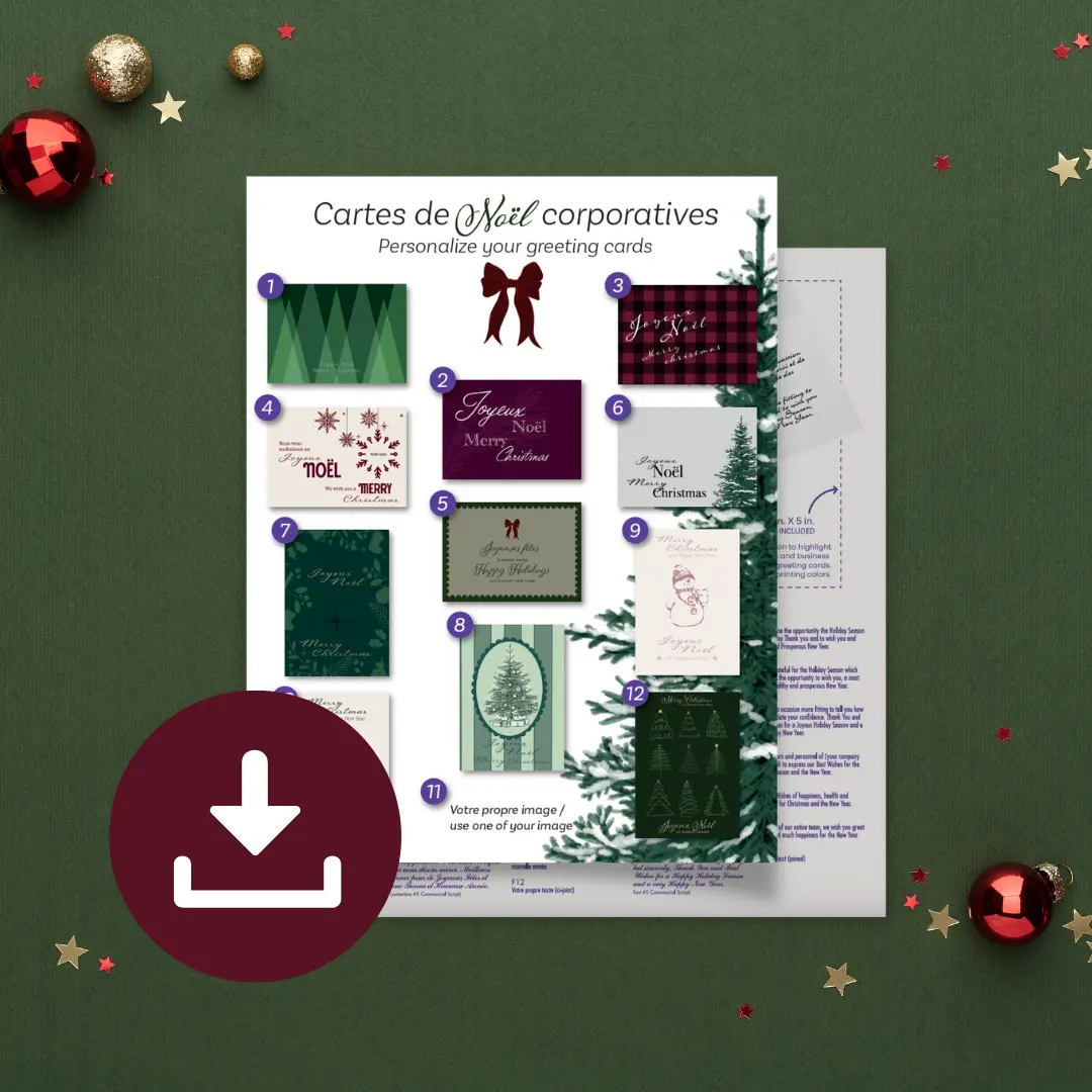Preview of the holiday card brochure: the numbered designs on one page, next to a fir tree.