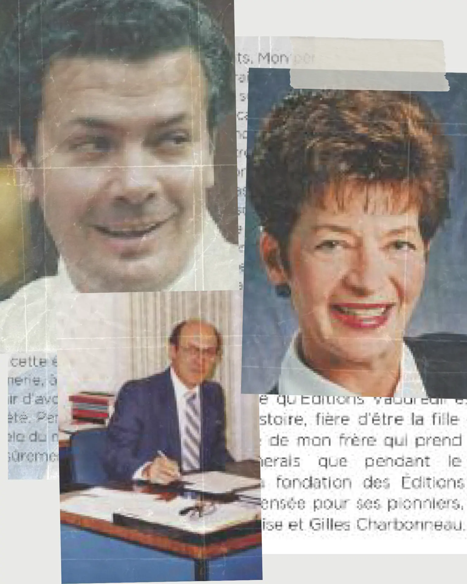 Old newspaper clippings: portraits and excerpts from articles.