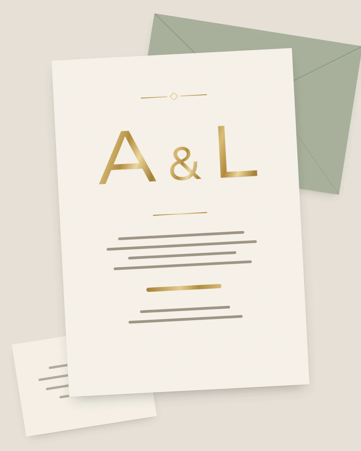 Maquette illustrée d'un faire-part de mariage sur papier ivoire : les initiales « A & L » et des filets en doré, le texte figuré par des traits ; une enveloppe vert sauge et un carton-réponse dessous.